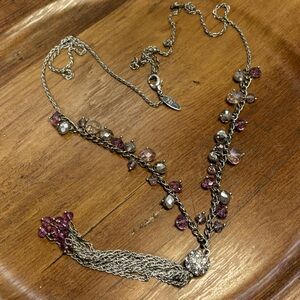 Modern faceted glass & acrylic beaded long necklace,silver tone,tassel,signed NY